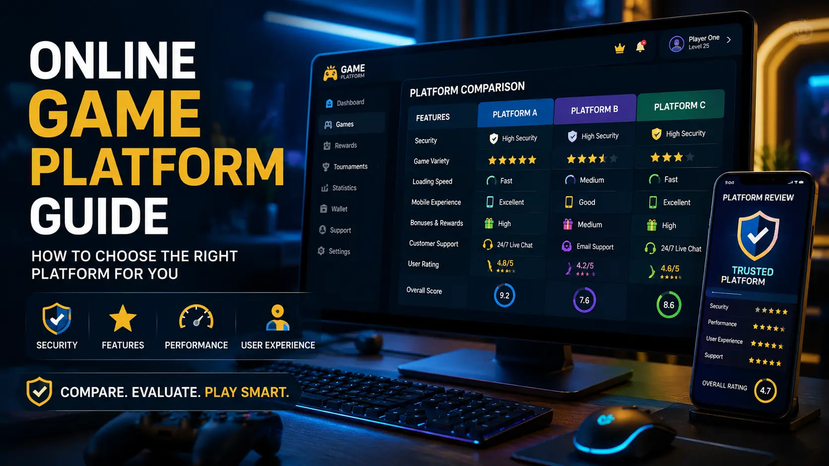Online game platform guide showing security features, platform comparison tools, and user experience evaluation.