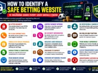 Infographic showing 15 warning signs to identify safe and trustworthy betting websites.