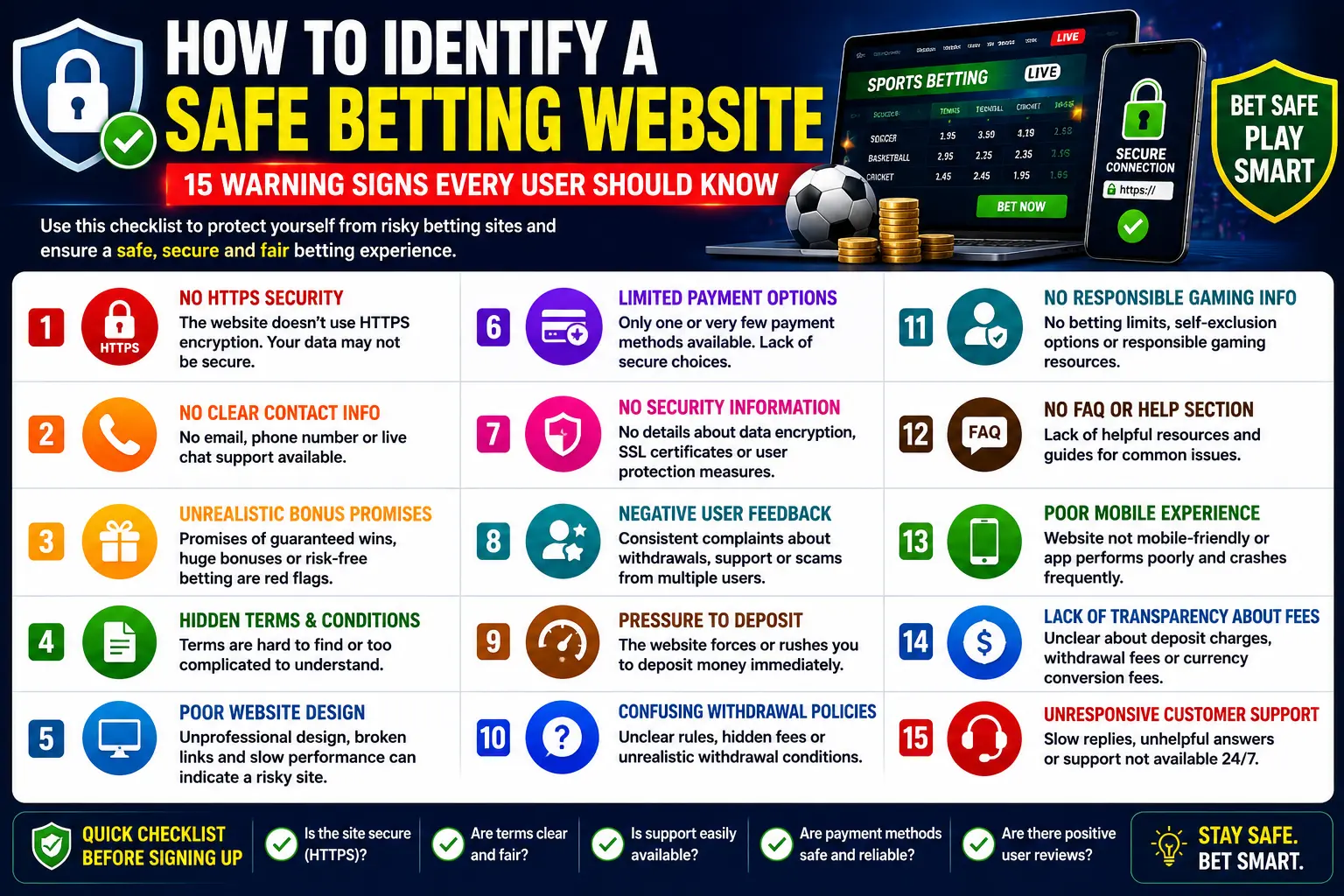 Infographic showing 15 warning signs to identify safe and trustworthy betting websites.